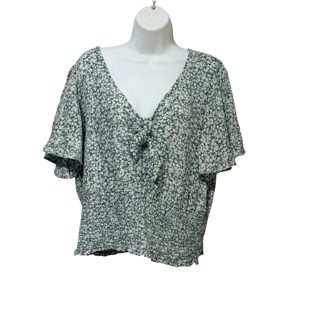 Mason & Belle Womens XL Green Floral Tie Front Smocked Waist Blouse JFW71221Q54